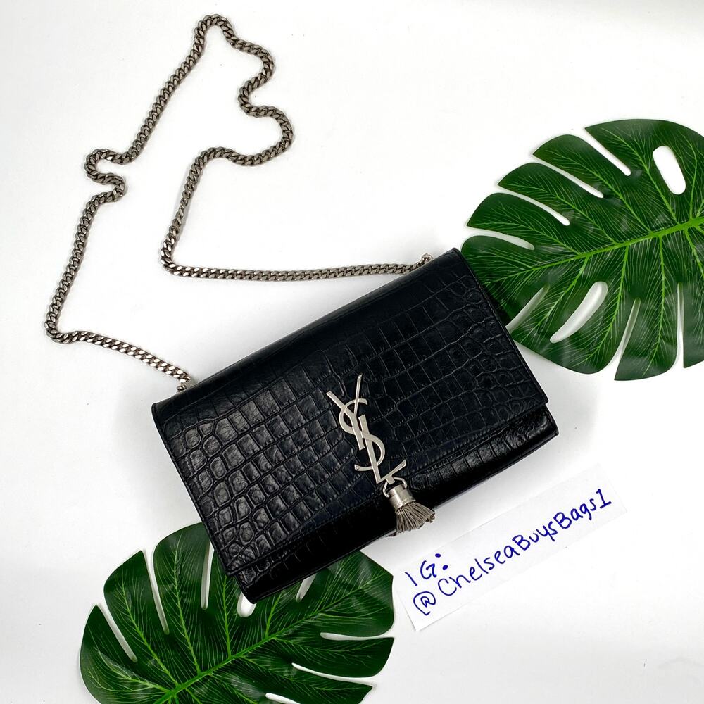 YSL Yves Saint Laurent Croc Embossed Kate Black Silver HW Crossbody Shoulder Bag
